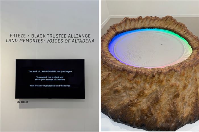 Left: LAND MEMORIES: VOICES OF ALTADENA film. Right: Max Hooper Schneider, Sand Writing Crater, 2024, kinetic sand crater. Photos by Maya Garabedian