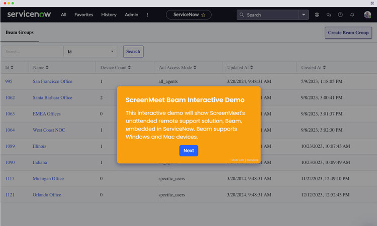 Interactive product tour of ScreenMeet Beam, unattended remote support