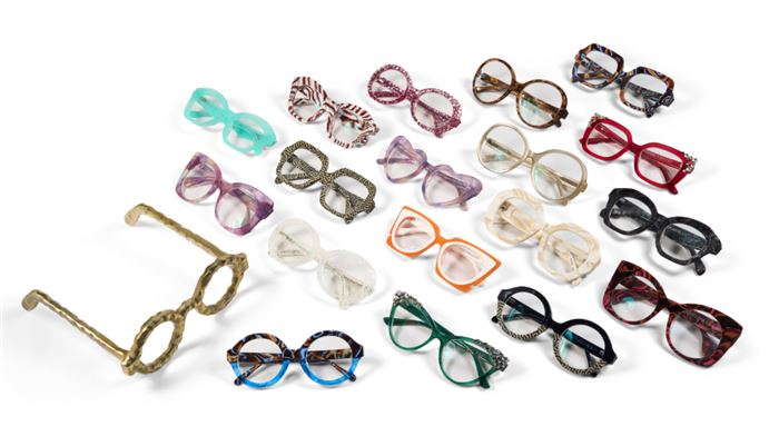 A case of eighteen multicolor and pattern eyeglass frames. Iris Apfel x Zenni, 2021–2022. Photo: Christie’s.