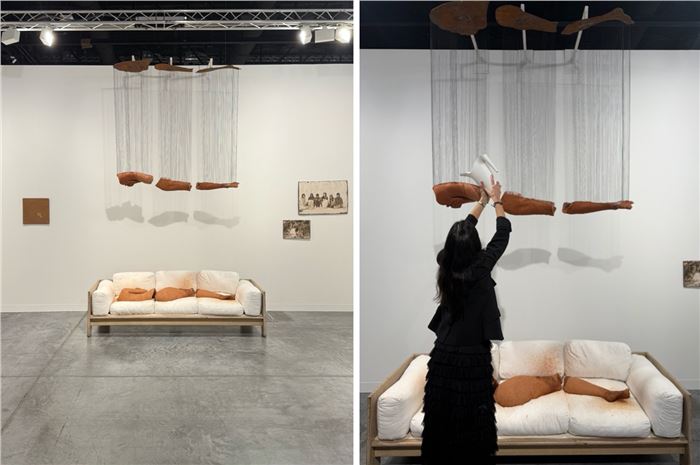 Roksana Pirouzmand’s The Past Seeps Through the Present, 2022, fired and unfired clay, water, couch, thread, metal. Photos by Maya Garabedian.