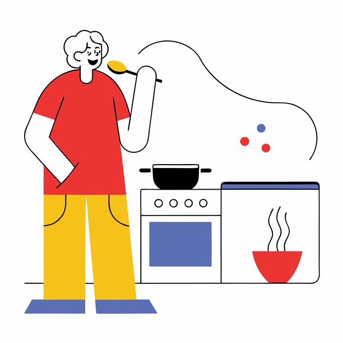 MOMO Studio, Illustration of a person, tasting food with a spoon, standing in a home kitchen, 2025