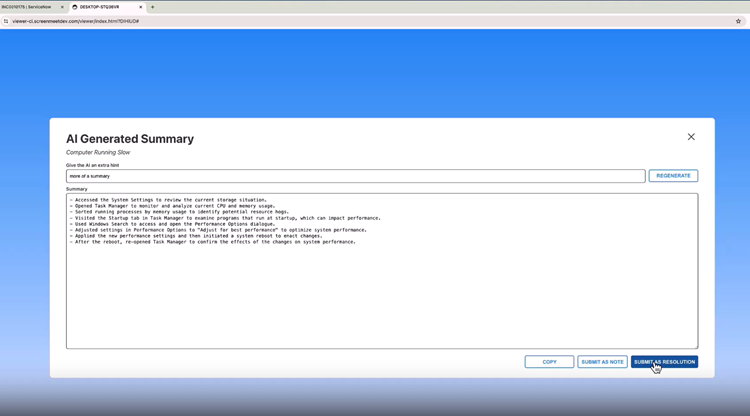 ScreenMeet AI Summarization to Transform Your Remote Support for ServiceNow